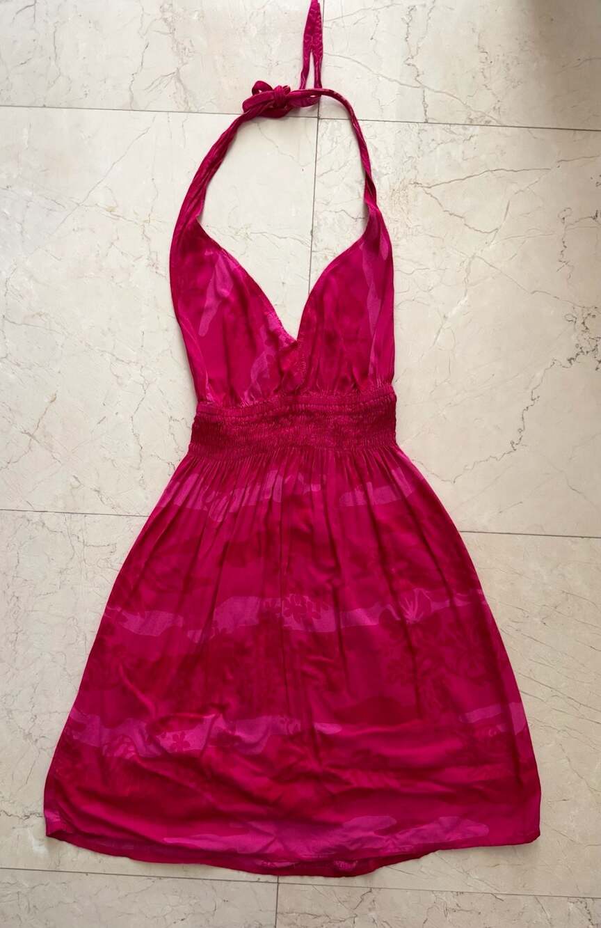 Cabali Pink Floral Print Halter Neck Smocked Waist Mini Dress